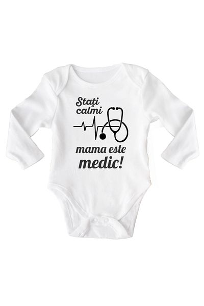 OEM Body bebe, Stati calmi, mama este medic, 0 -3 luni, maneca lunga, bonisa creativ, alb, 100% bumbac