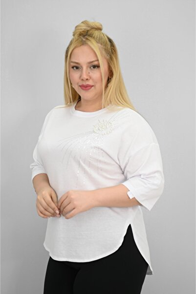 Koza Butik Women's Plus Size Short Sleeve Stone and Pearl Print Detailed Oversize T-Shirt 1925-25