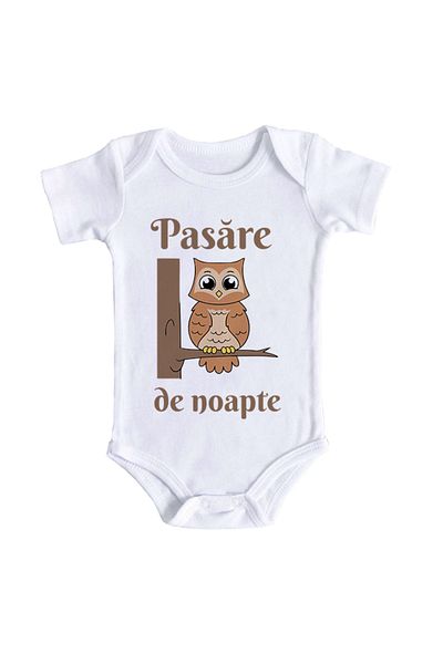 OEM Body bebe, Pasare de noapte, 0 -3 luni, maneca scurta, bonisa creativ, alb, 100% bumbac