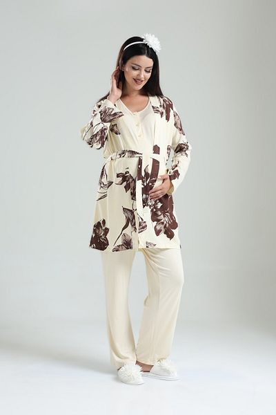 Pelin Women's Tuba Beige Floral Patterned Maternity Pregnant 3-Piece Pajama Set