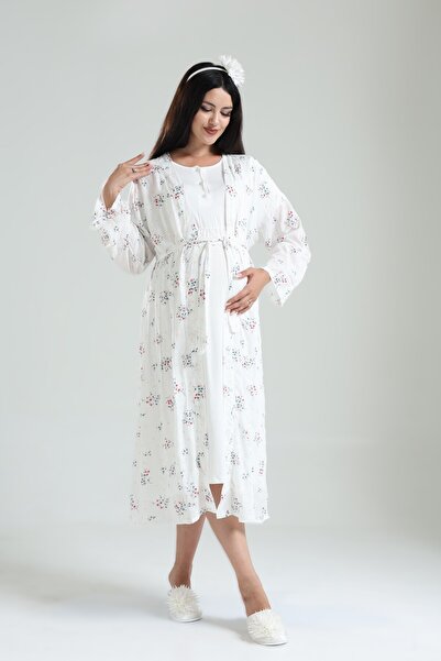Pelin Kadın Tuba Ekru Çiçek Desenli Lohusa Hamile Gecelik Sabahlık Takım
