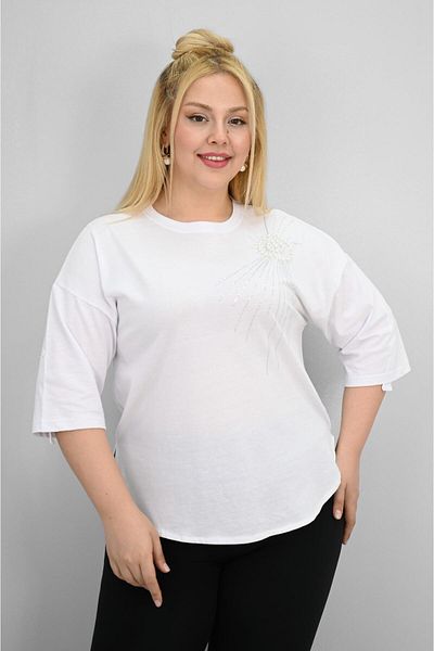 Koza Butik Women's Plus Size Short Sleeve Stone and Pearl Print Detailed Oversize T-Shirt 1925-25