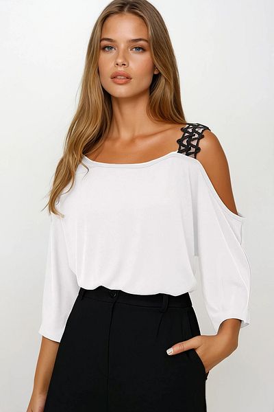 VAGGON Women's White Boat Neck One Shoulder Sequin Banded Blouse Prmx14129