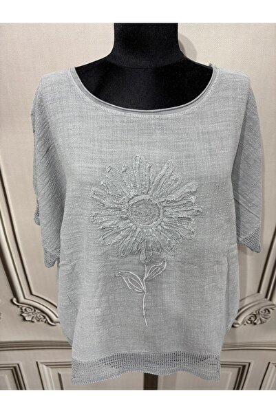 MENSAR OTANTİK Kadın Oversize Kabartmalı Fileli Keten Bluz