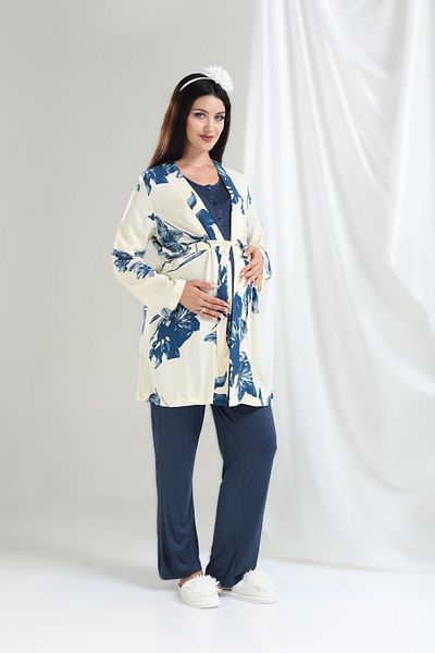 Pelin Women's Tuba Navy Blue Floral Patterned Maternity Pregnant 3-Piece Pajama Set