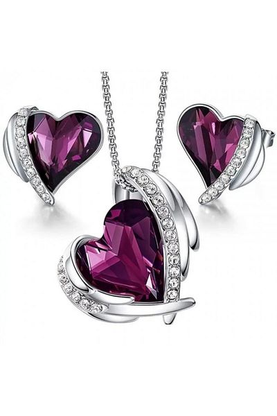 Kelan Set silver necklace pendant earrings with SWi elements Big Heart Royal Fuchsia