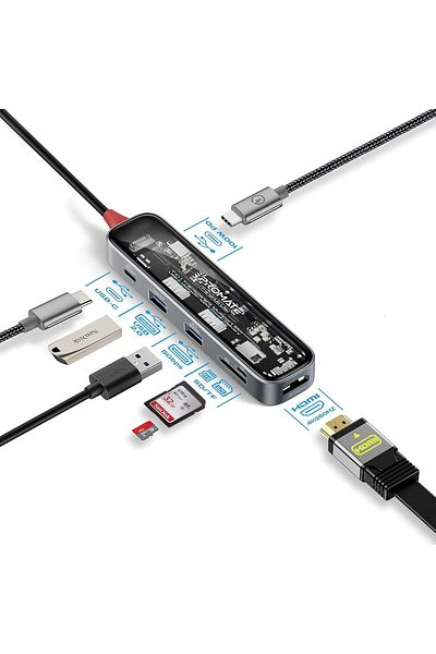 Promate USB-C™ Hub, Premium Transparent 7-in-1 Multi-Display Hub with 4K HDMI, High Capacity 2TB S