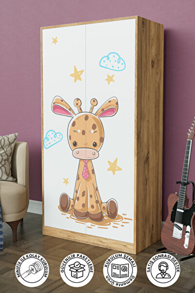hediye kapında Bay Zürafa "Calista" Çocuk Odasi Gardırop 5 Raflı Askılıklı Ço...