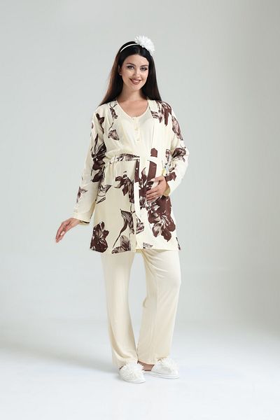 Pelin Women's Tuba Beige Floral Patterned Maternity Pregnant 3-Piece Pajama Set