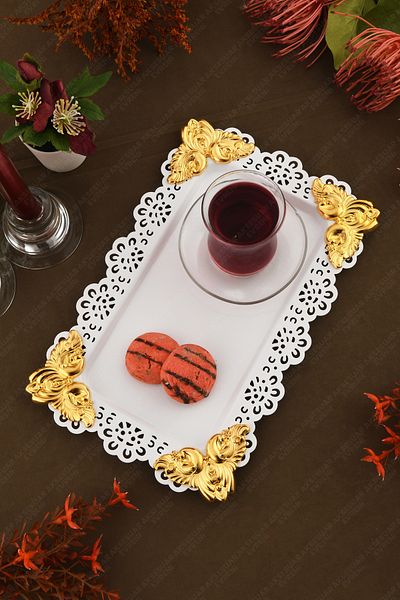 AKSESUAR EVRENİ Oro White Lace Edged Carved Detailed Rectangular Decorative Presentation Tray