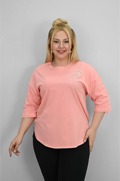 Koza Butik Women's Plus Size Short Sleeve Stone and Pearl Print Detailed Oversize T-Shirt 1925-25