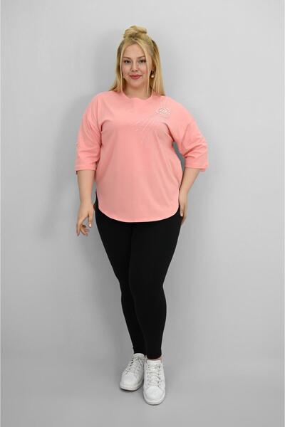 Koza Butik Women's Plus Size Short Sleeve Stone and Pearl Print Detailed Oversize T-Shirt 1925-25