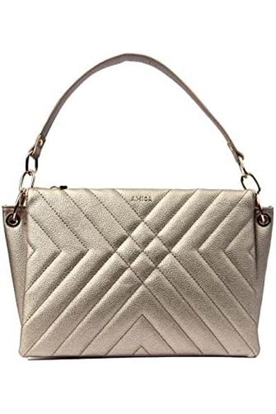AMICA Alessia Women’s Vegan Leather Quilted Top Handle Metallic Gold Bag Convertible Clutch In Peb