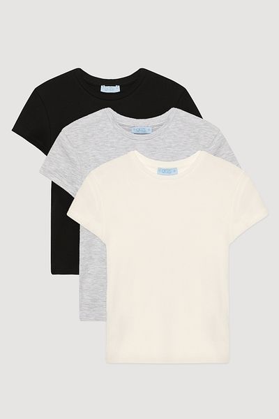 Quzu Crew Neck Basic T-Shirt 3 Pack Black/Ecru/Carmelange