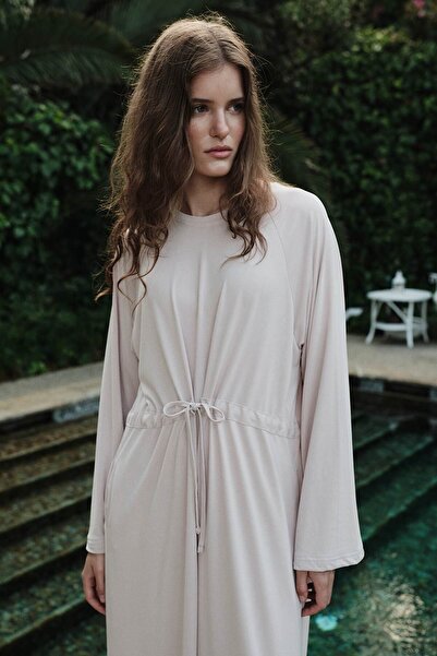 Hooopstore Modal Containing Front Gather Tie Beige Dress