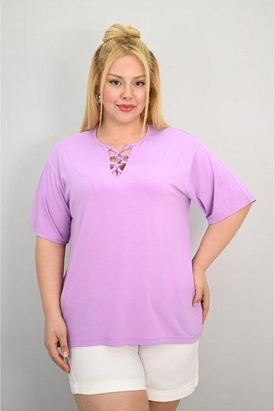 Koza Butik Women's Plus Size Short Sleeve Collar Piping Detailed Blouse 1970-25