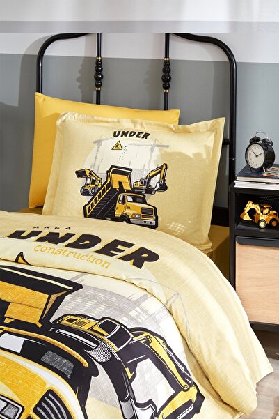 Özdilek Özdilek Ranforce Single Children's Duvet Cover Set with Elastic Sheet-Construction Yellow