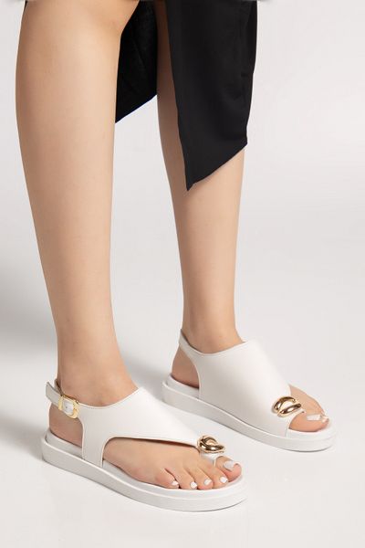 brawerlife Women's White Gold Buckle Detailed Orthopedic Women's Sandals