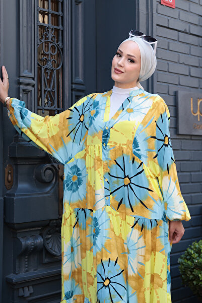 LOCCO Women's Sunflower Patterned Dress Blue-Yellow