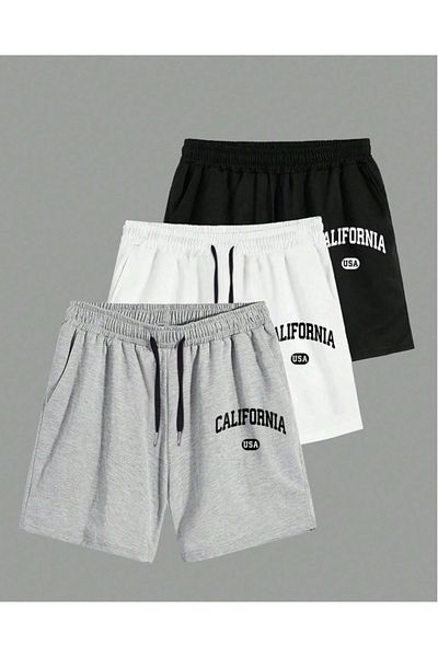 COHERENT 3-Piece Unisex Minimal CALIFORNIA Printed Shorts Black-Grey-White