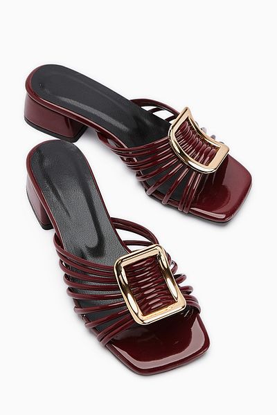 Limoya Papuci de damă Greta Burgundy din piele lacuită cu cataramă groasă cu toc mic
