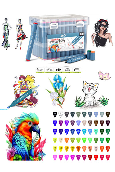 arttone مجموعة أقلام رسم ماركر مزدوجة الجوانب مكونة من 60 قطعة
