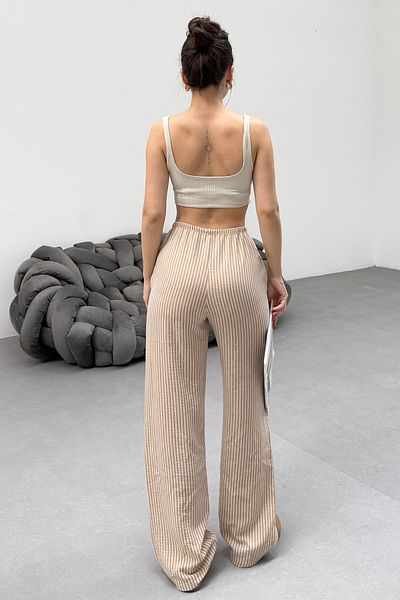 Sun Victoria Women's Brown Linen Trousers with Elastic Waist