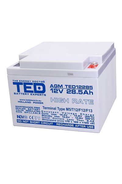 TED Electric Baterie reîncărcabilă M5 12V staționară VRLA 28.5Ah AGM de înaltă performanță, 165x175x125 mm, TED12285