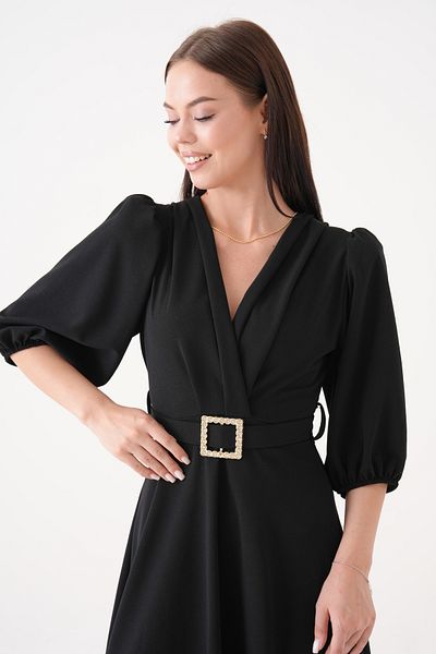 vuvutasarım New Season Stretch Fabric Double Breasted Collar Stone Belt Design Women's Midi Dress 3602