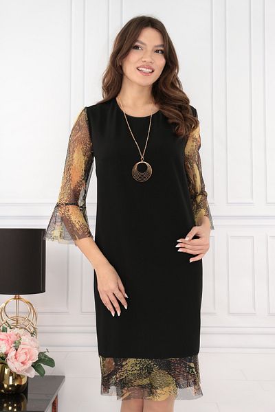 Vanessa Line RO Elegant black dress with sleeves and olive tulle ruffle