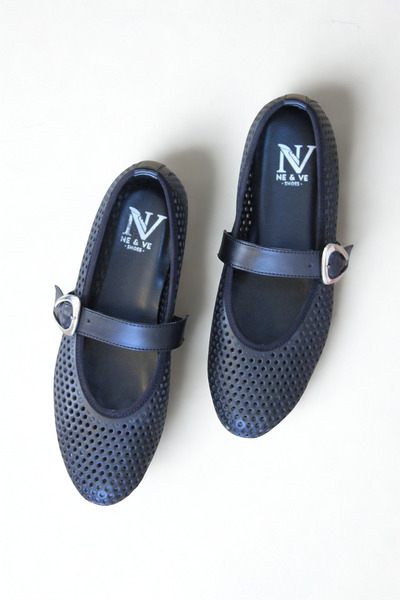 NE&VE SHOES Μαύρες δερμάτινες γυναικείες μπαλαρίνες με στρογγυλή μύτη με μονό...