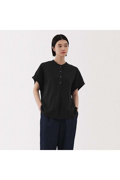 Muji بلوزة من مزيج الكابوك والشاش المزدوج بأكمام قصيرة