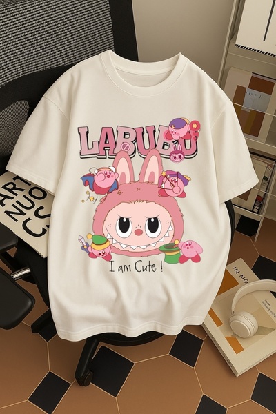 SOHR Tricou oversize din bumbac cu imprimeu colorat Labubu Im Cute pentru bărbați/femei unisex