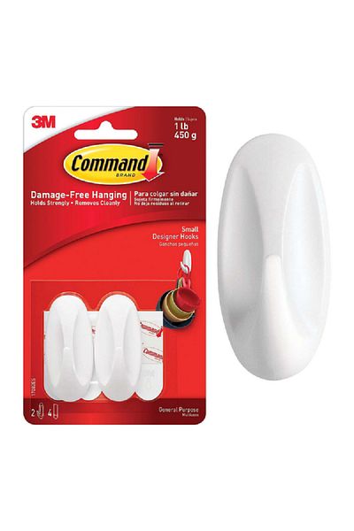 COMMAND 2-Piece Utility Designer Adhesive Hook White Small
