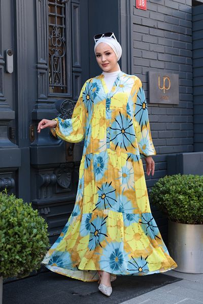 LOCCO Rochie de damă cu model floarea soarelui albastru-galben