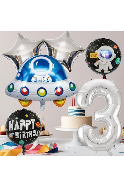 tedaks 3 Year Old Space Themed Birthday Set Space Foil Shapes Silver Foil Figure