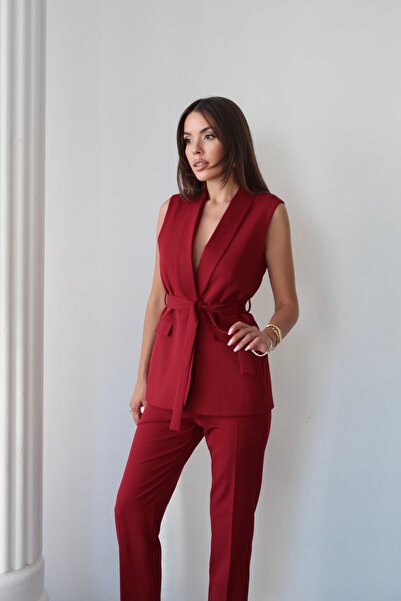 Swass Violet Belted Vest and High Waist Burgundy Trousers Set