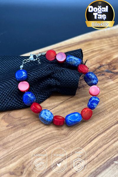 Balzamin Design Deep Balances: Coral & Lapis Lazuli Natural Stone Steel Bracelet