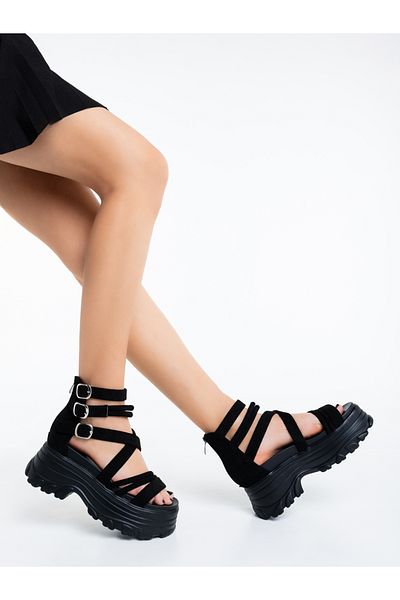 Kalapod Sandale dama cu platforma negre din material textil Mahana