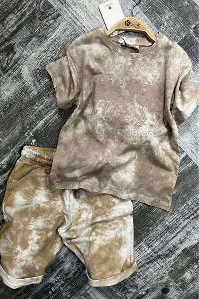 Riccotarz Boy's New York Text Print and Sunken Pattern Combed Cotton T-Shirt Brown Shorts Set