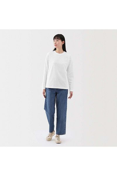Muji تي شيرت جيرسي ذو خيطين بياقة دائرية وأكمام طويلة