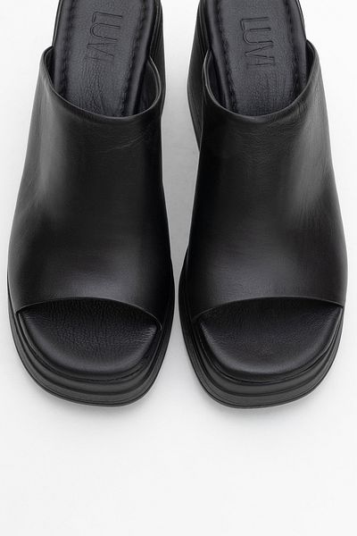 LuviShoes Nola Black Skin Genuine Leather Women's Platform Heeled Slippers