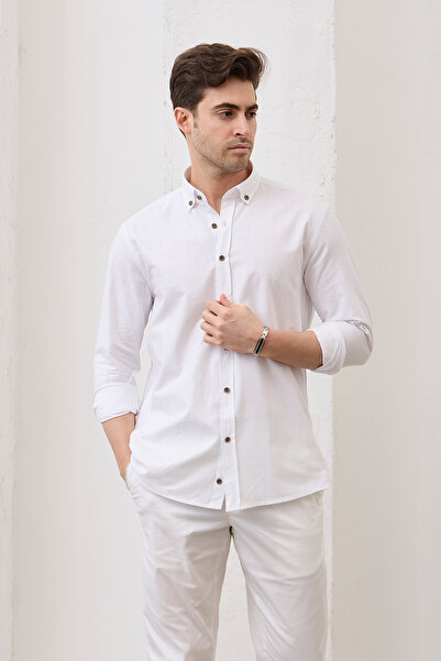 RAVANELLI Țesătură în greutate Regular Fit Decupaj confortabil Guler cu nasturi Cămașă pentru bărbați cu mânecă lungă