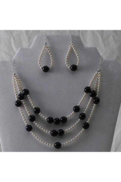 MODAELMAS1 طقم مجوهرات نسائي مرصع باللؤلؤ الأسود مع قلادة وأقراط