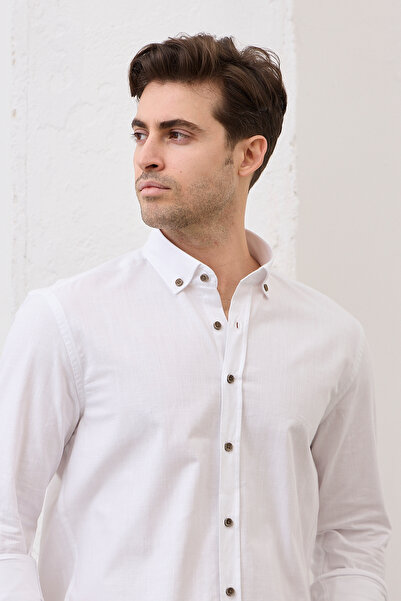 RAVANELLI Țesătură în greutate Regular Fit Decupaj confortabil Guler cu nasturi Cămașă pentru bărbați cu mânecă lungă