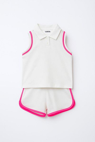 LUESS Girl's Polo Neck Stripe Detailed Shorts Set - Pink (Age 3-4, Age 8-9)