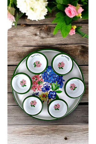 İnci Emaye 7 Piece Medium Size Patterned Enamel Breakfast Set, Presentation, Breakfast Plate, Jam Bowl, Olives, Cheese Plate