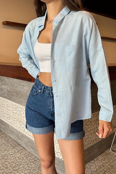 BİKELİFE Women's Oversize Linen Textured Single Pocket Shirt
