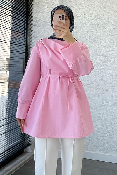 MELEK ARAZ Poplin Tunic with Shawl Collar Brooch Detail – Pink