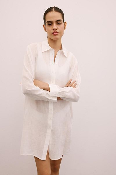 Rue Studio Ecru Mini Shirt Dress with Waist Tie Detail